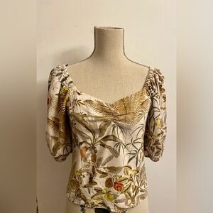 H&M Ladies Crop Top Linen Tropical Puff Sleeves XS Sweetheart